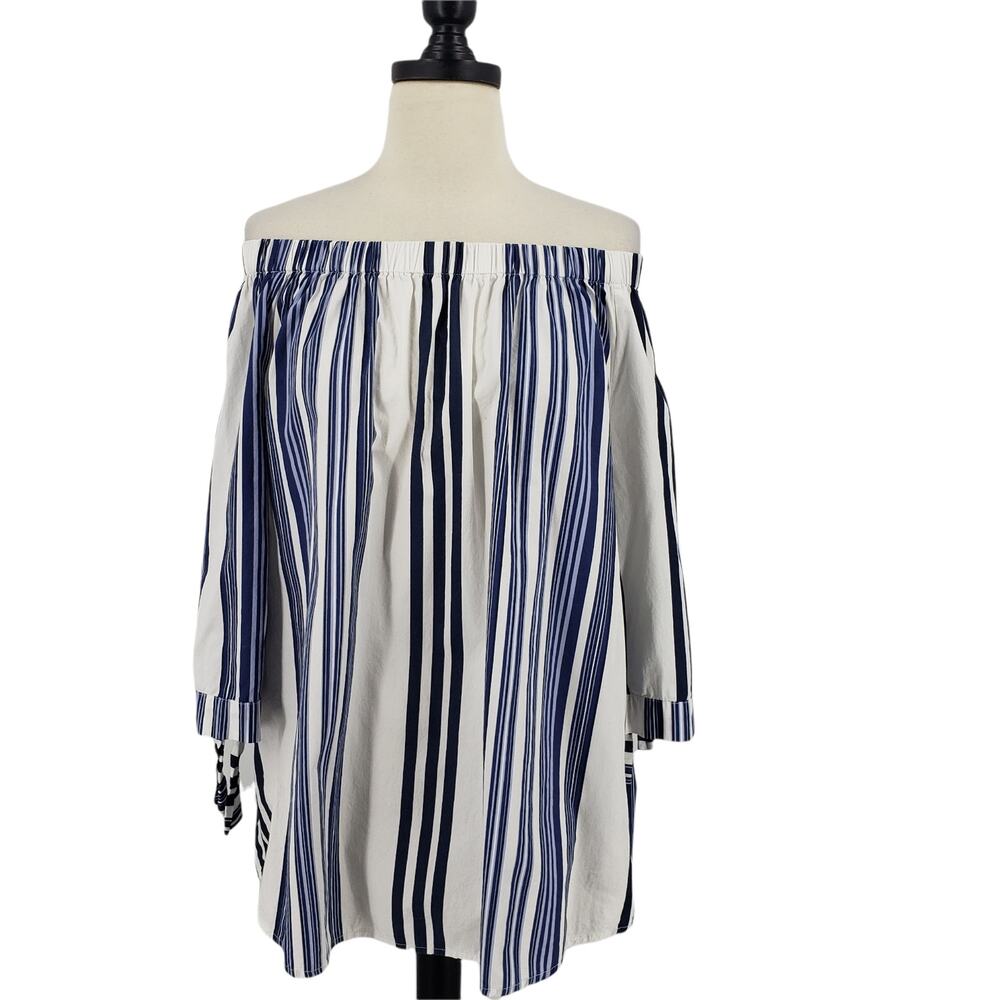 Per Se Off Shoulder Striped Cotton Top - Size Large - Resort Prep Beach